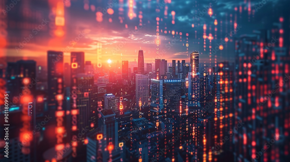 Digital Rain Over Cityscape Digital Rain Over Cityscape
