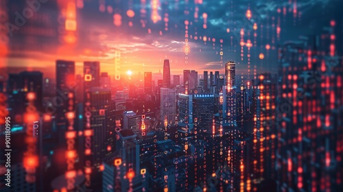 Digital Rain Over Cityscape