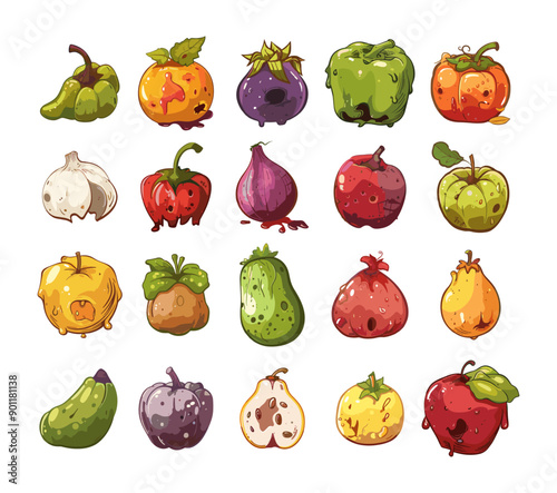 Decayed produce cartoon vector set. Vegetables fruits food apple zucchini cucumber pepper tomato plum pear eggplant damaged smelling spoiled rotten isolated illustrations