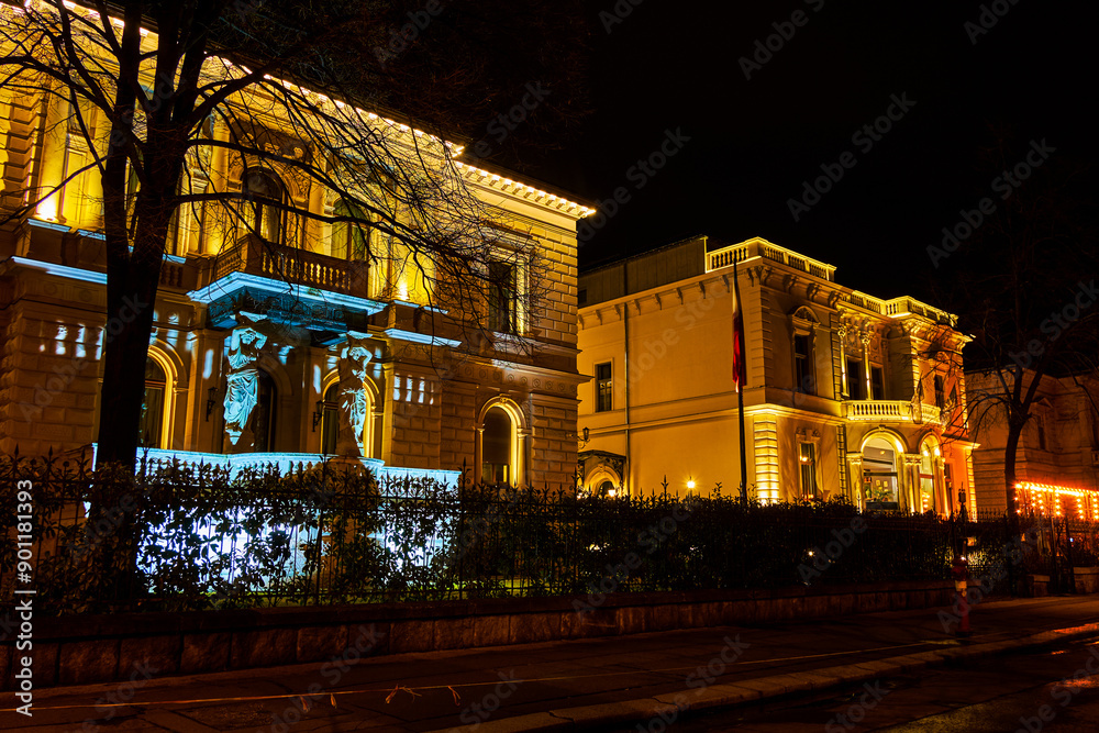 Scenic buildings on Andrassy avenue in bright illumination, Budapest, Hungary