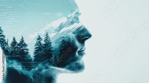 Historian's profile in double exposure, merging with a mountain forest landscape and digital interface, creating a futuristic postcard effect photo