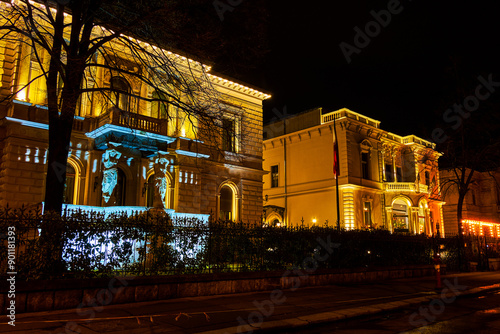 Obraz na płótnie Scenic buildings on Andrassy avenue in bright illumination, Budapest, Hungary w salonie