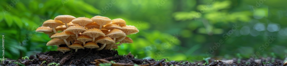Cluster of mushrooms growing in lush green forest Cluster of mushrooms growing in lush green forest
