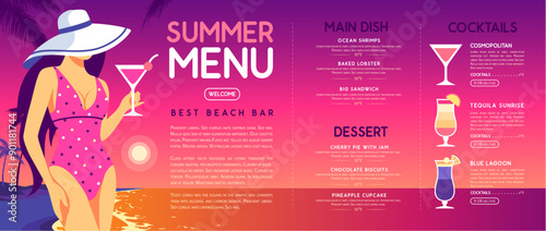 Retro flat summer cocktail menu design with beautiful girl in swimsuit on tropic beach  background. Vector illustration