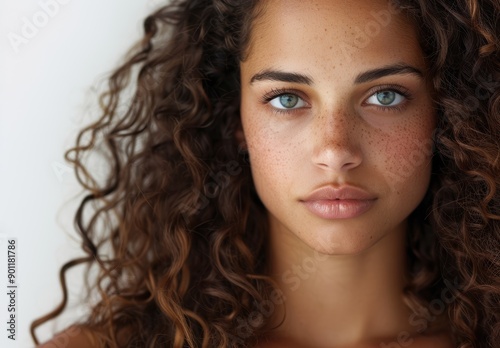 Captivating portrait of a young woman with curly hair and striking blue eyes © Balaraw