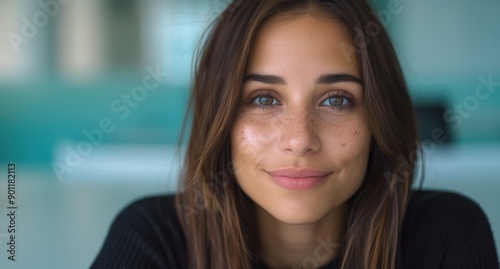 Free Download portrait of a young woman with brown hair and blue eyes - GFXLoad