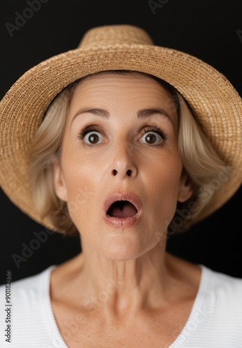 Surprised woman in straw hat