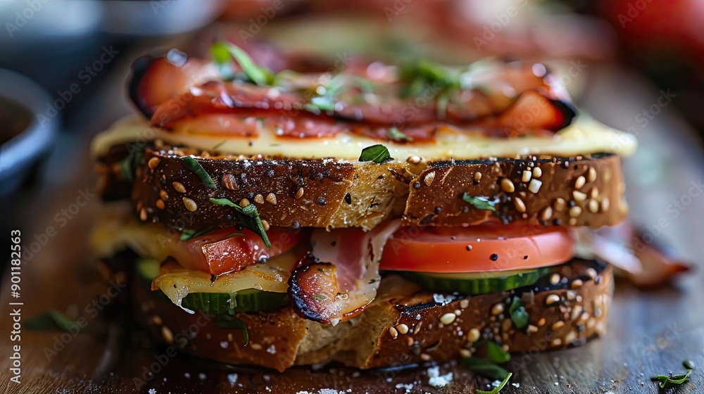 A delicious sandwich stacked with fresh ingredients, featuring bacon, tomato, and cheese on a healthy whole grain bread. A delicious sandwich stacked with fresh ingredients, featuring bacon, tomato, and cheese on a healthy whole grain bread.