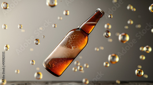 Tilted Brown Beer Bottle in Air with Blank White Label and Levitating Bubbles on Grey Background photo