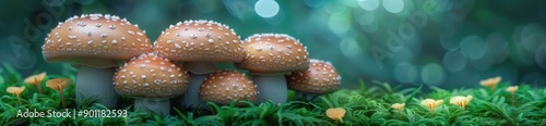 Colorful mushrooms in a lush green forest