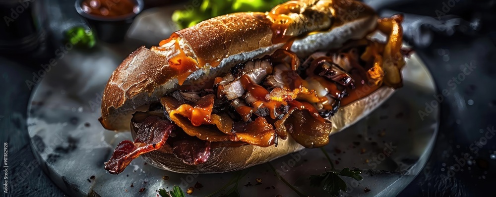 Delicious sandwich filled with grilled meat, crispy bacon, and fresh toppings, perfect for a gourmet meal. Delicious sandwich filled with grilled meat, crispy bacon, and fresh toppings, perfect for a gourmet meal.