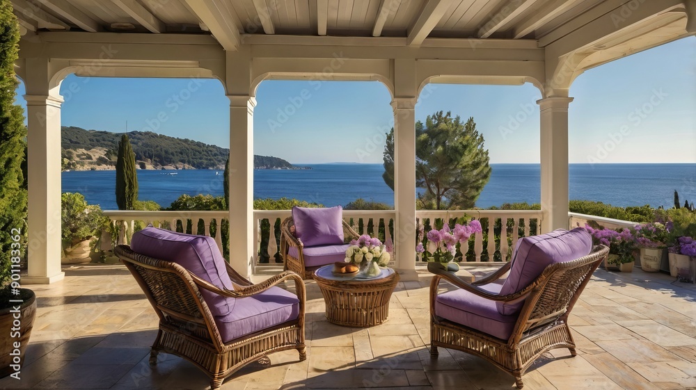 Fototapeta premium Indoor leisure furniture set with stunning water views