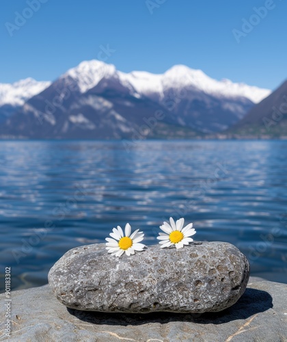 Serene mountain lake with daisy flowers on rock