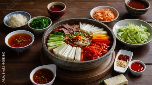 A steaming bowl of Sichuan Hot Pot, filled with an assortment of fresh vegetables, tofu, and thinly sliced beef, surrounded by an array of dipping sauces on a traditional Chinese wooden table.