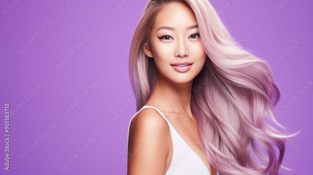 Portrait of a beautiful, sexy, smiling, happy Asian blonde woman with long hair and perfect skin, purple background, banner. Portrait of a beautiful, sexy, smiling, happy Asian blonde woman with long hair and perfect skin, purple background, banner.
