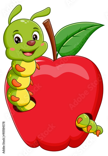 Smiling green caterpillar inside a red apple with leaf. Perfect for children books, nature magazines, educational materials. Vector illustration