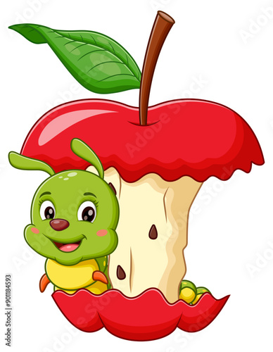 Happy caterpillar inside bitten red apple, playful concept suitable for children's books, educational materials, and nature themed designs. Vector Illustration