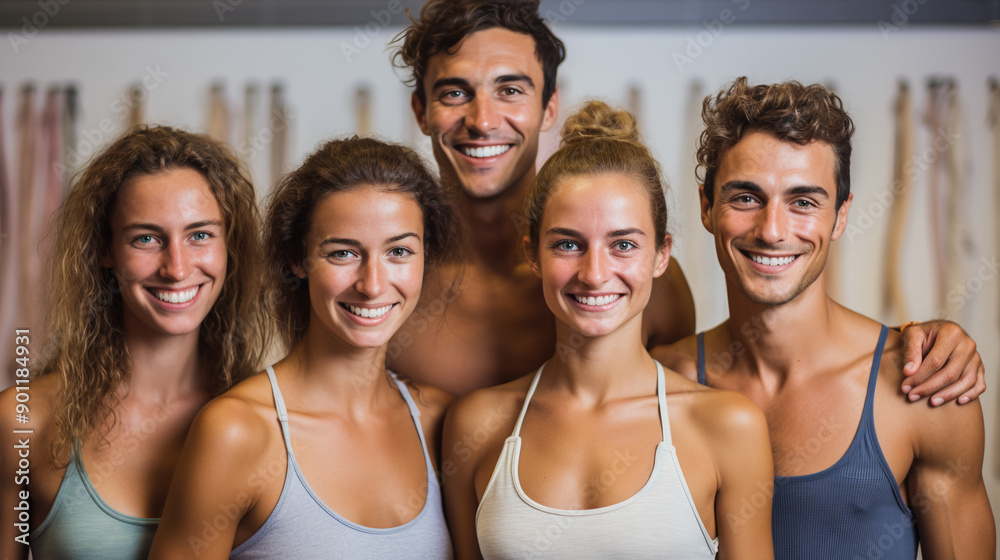 Fitness friends standing against a wall in a yoga studio.photography. Fitness friends standing against a wall in a yoga studio.photography.