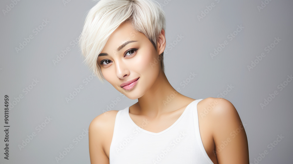 Portrait of a beautiful, sexy, smiling, happy Asian blonde woman with short haircut and perfect skin, gray background, banner. Portrait of a beautiful, sexy, smiling, happy Asian blonde woman with short haircut and perfect skin, gray background, banner.