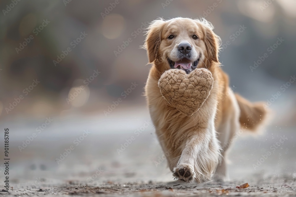 Golden Retriever carrying a heart-shaped woolen toy, simple background, capturing the dog's playful and loving nature Golden Retriever carrying a heart-shaped woolen toy, simple background, capturing the dog's playful and loving nature