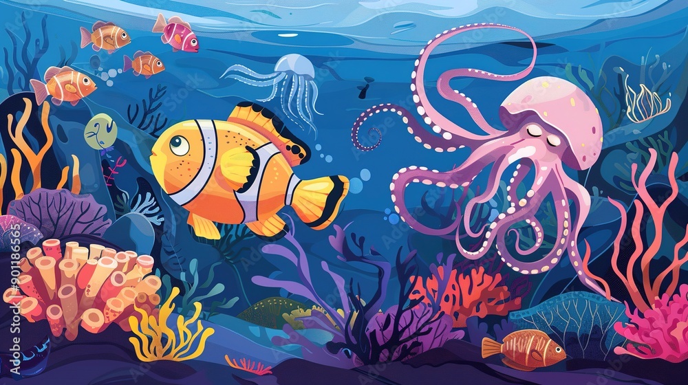 Obraz premium Underwater Scene with a Friendly Clownfish, Gentle Jellyfish, and Playful Octopus in a Colorful Coral Reef