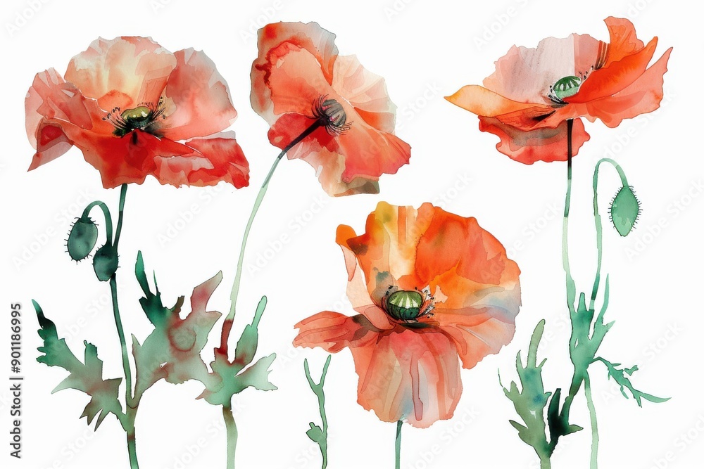Obraz premium Poppy flower watercolor artwork - standalone clipart against a white backdrop