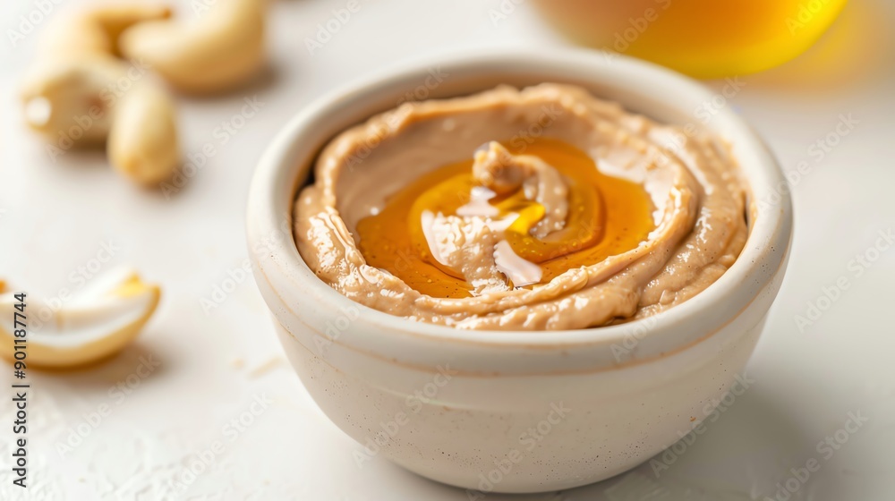 A creamy cashew butter served in a bowl with a drizzle of oil, surrounded by cashew nuts, perfect for healthy snacks.