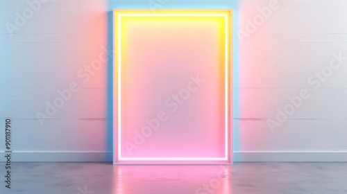 A modern, illuminated frame with vibrant neon colors against a minimalist wall, perfect for creative backgrounds and artistic designs.