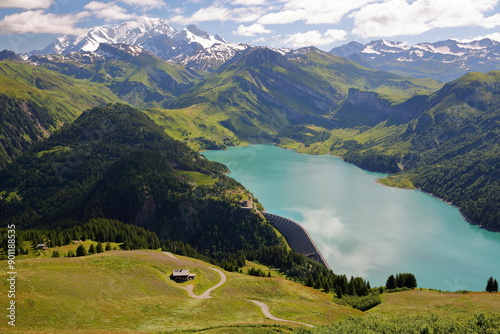The Mont Blanc and the lake of Roselend viewed from a hiking trail on a ridge leading to Roche Parstire, and located in the Beaufortain region, Savoie, France