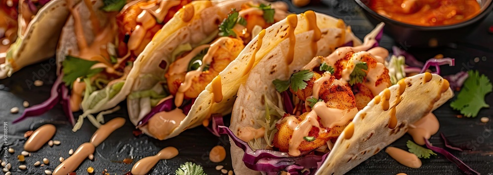Delicious shrimp tacos served on a black plate, garnished with fresh vegetables and drizzled with sauce for a mouthwatering dish. Delicious shrimp tacos served on a black plate, garnished with fresh vegetables and drizzled with sauce for a mouthwatering dish.
