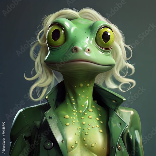 A unique and quirky illustration of a frog wearing a leather jacket. The frog's big eyes and detailed textures make it eye-catching, suitable for themes of fantasy, humor and character design.