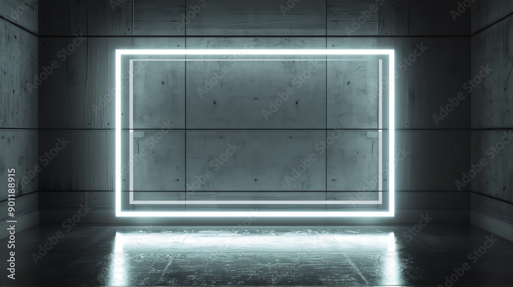 Futuristic neon frame in a sleek concrete room, perfect for showcasing innovative designs and modern art presentations. Futuristic neon frame in a sleek concrete room, perfect for showcasing innovative designs and modern art presentations.