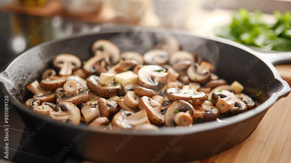 Sauteed mushrooms in a cast-iron skillet, showcasing delicious textures and steam, perfect for cooking inspiration. Sauteed mushrooms in a cast-iron skillet, showcasing delicious textures and steam, perfect for cooking inspiration.