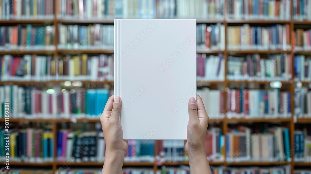 Hands holding blank white book mockup in library, books on shelf background Hands holding blank white book mockup in library, books on shelf background