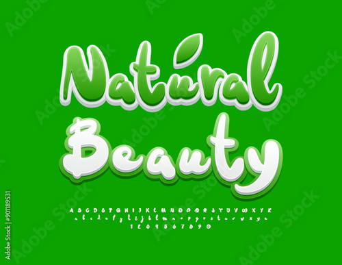 Vector ecologic emblem Natural Beauty. white and Green Funny Font. Funny Alphabet Letters and Numbers set.