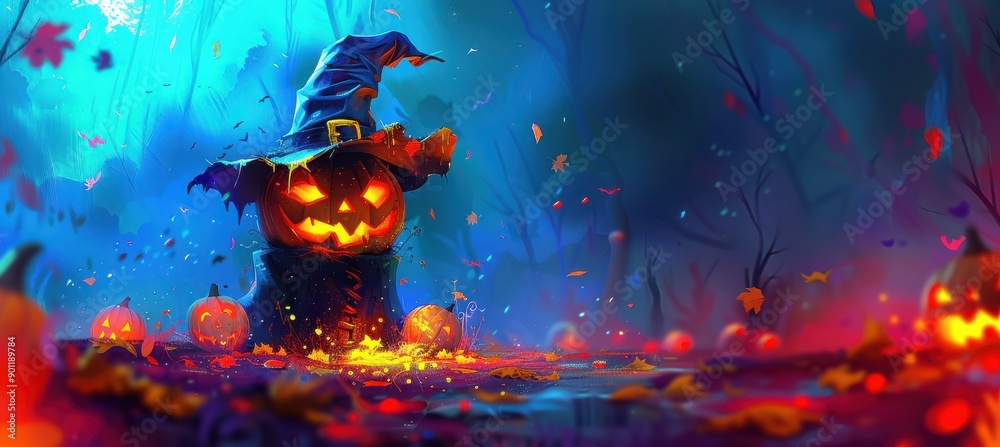 Fototapeta premium Halloween Banner with Pumpkin Head Witch Hat