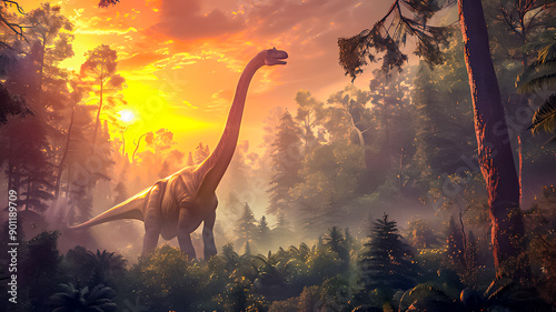 A majestic Brachiosaurus standing tall amidst a dense Jurassic forest, with the sun setting in the background photo