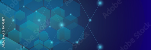 Dark and blue horizontal hexagonal technology abstract vector background. Red bright energy flashes under the hexagon in a wide banner of futuristic modern technology. vector