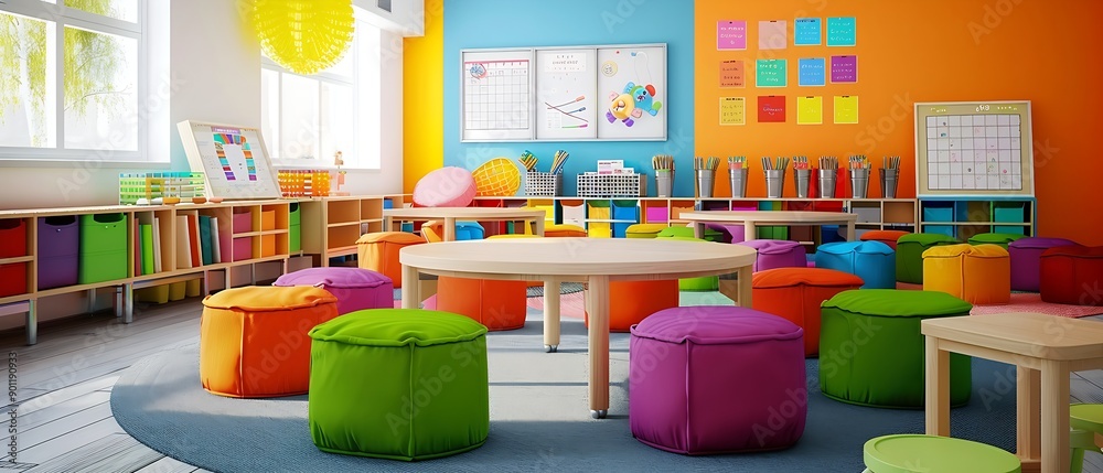 Colorful children's classroom with round footstools, modern and cheerful atmosphere Colorful children's classroom with round footstools, modern and cheerful atmosphere