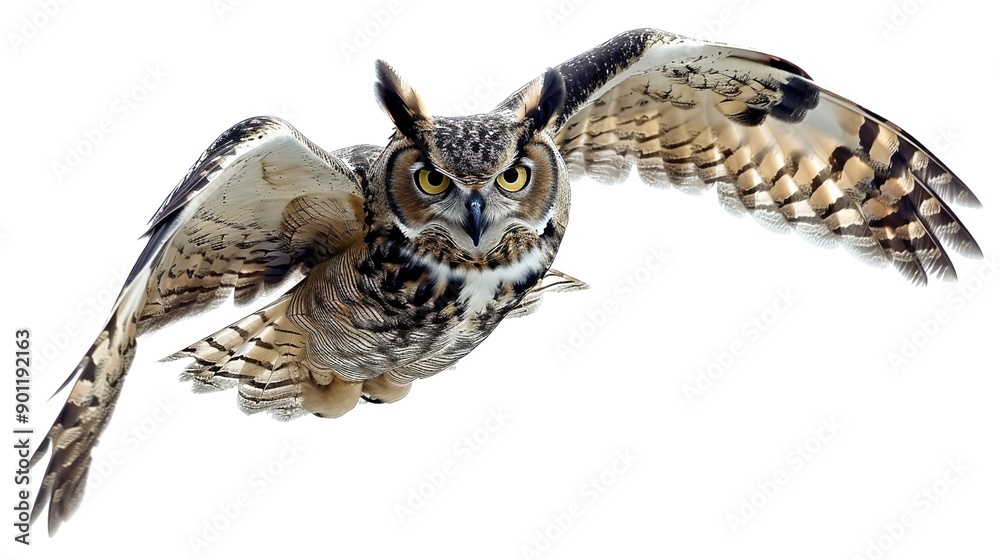 Fototapeta premium Flying Left Side Serious Owl on a White Background: Detailed and Majestic Illustration