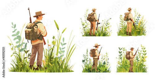 Hunter lush wilderness cartoon vector scenes. Man rifle scope bush scavenging breadwinner exploration grass greenery outdoors foliage camouflage survival character, isolated on white background