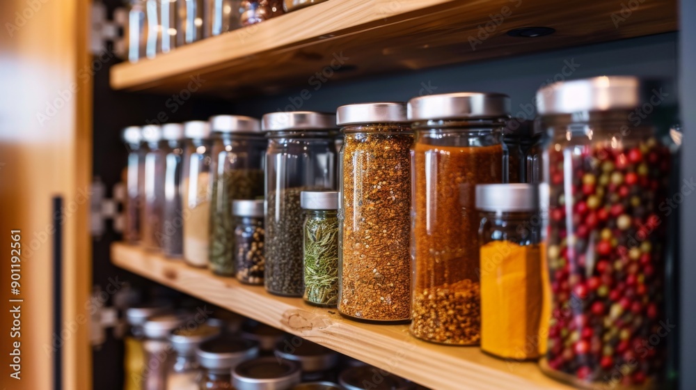 A modern spice cabinet with a sleek design, featuring neatly arranged jars of various spices and seasonings. A modern spice cabinet with a sleek design, featuring neatly arranged jars of various spices and seasonings.