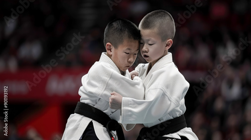 Intense Judo Competition two highly skilled martial artists engage in a gripping judo match demonstrating strength technique and concentration in a competitive sports arena wallpaper, background