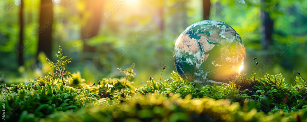 Vibrant Green Forest with Globe on Moss Representing Environmental Sustainability and Nature Conservation in Sunlight
