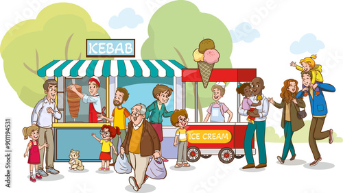 people tasting street food.people buying doner kebab.local turkish food