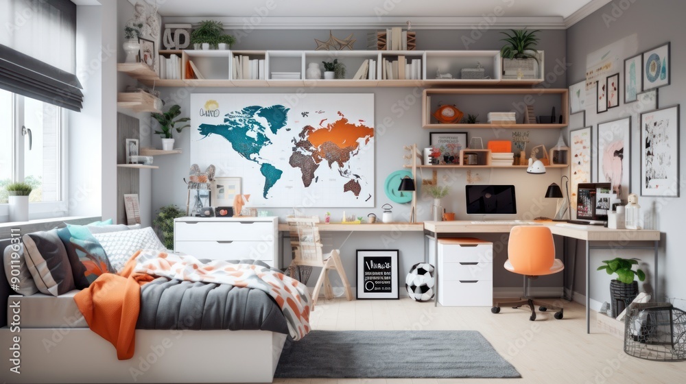 Modern teenager's room interior with workplace and bed Modern teenager's room interior with workplace and bed
