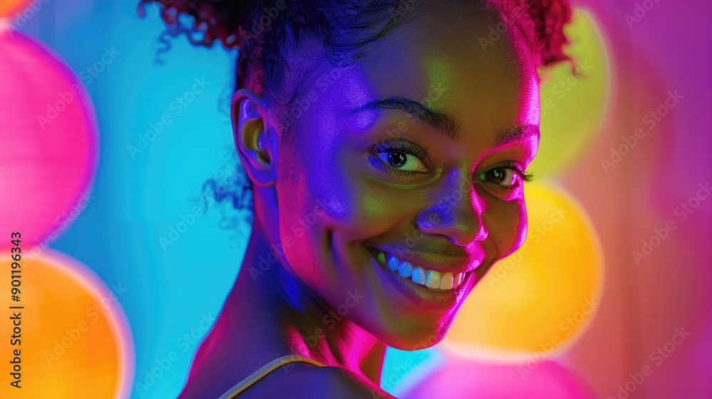Woman smiling with colorful lights Woman smiling with colorful lights