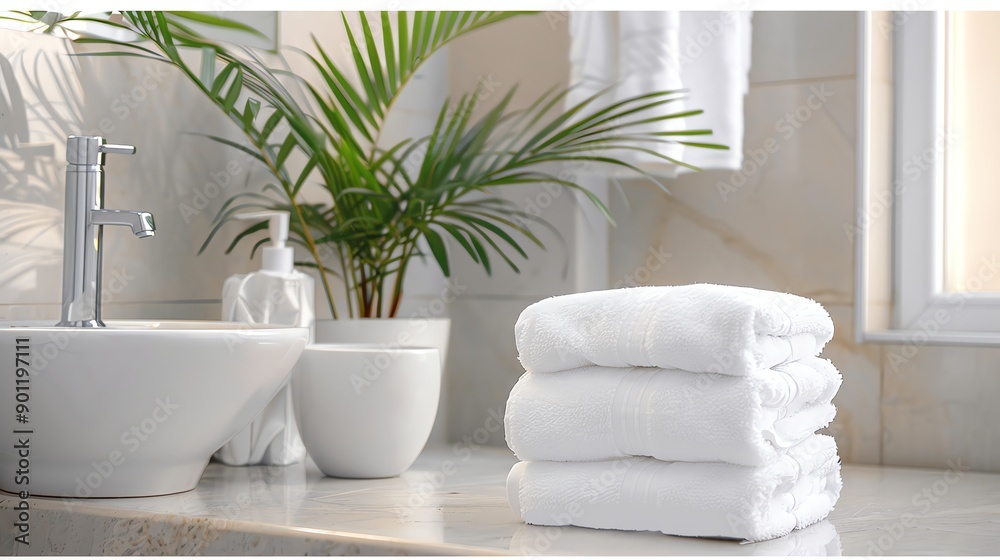 Fototapeta premium A stack of white towels sits on a bathroom counter next to a plant.