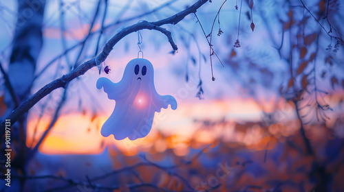 Glowing ghost decoration hanging on tree branch photo