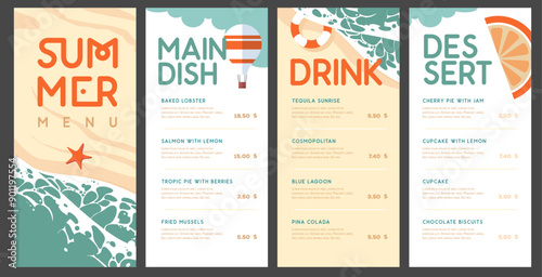 Vintage summer menu design with top view ocean waves, sand beach and starfish. Vector illustration